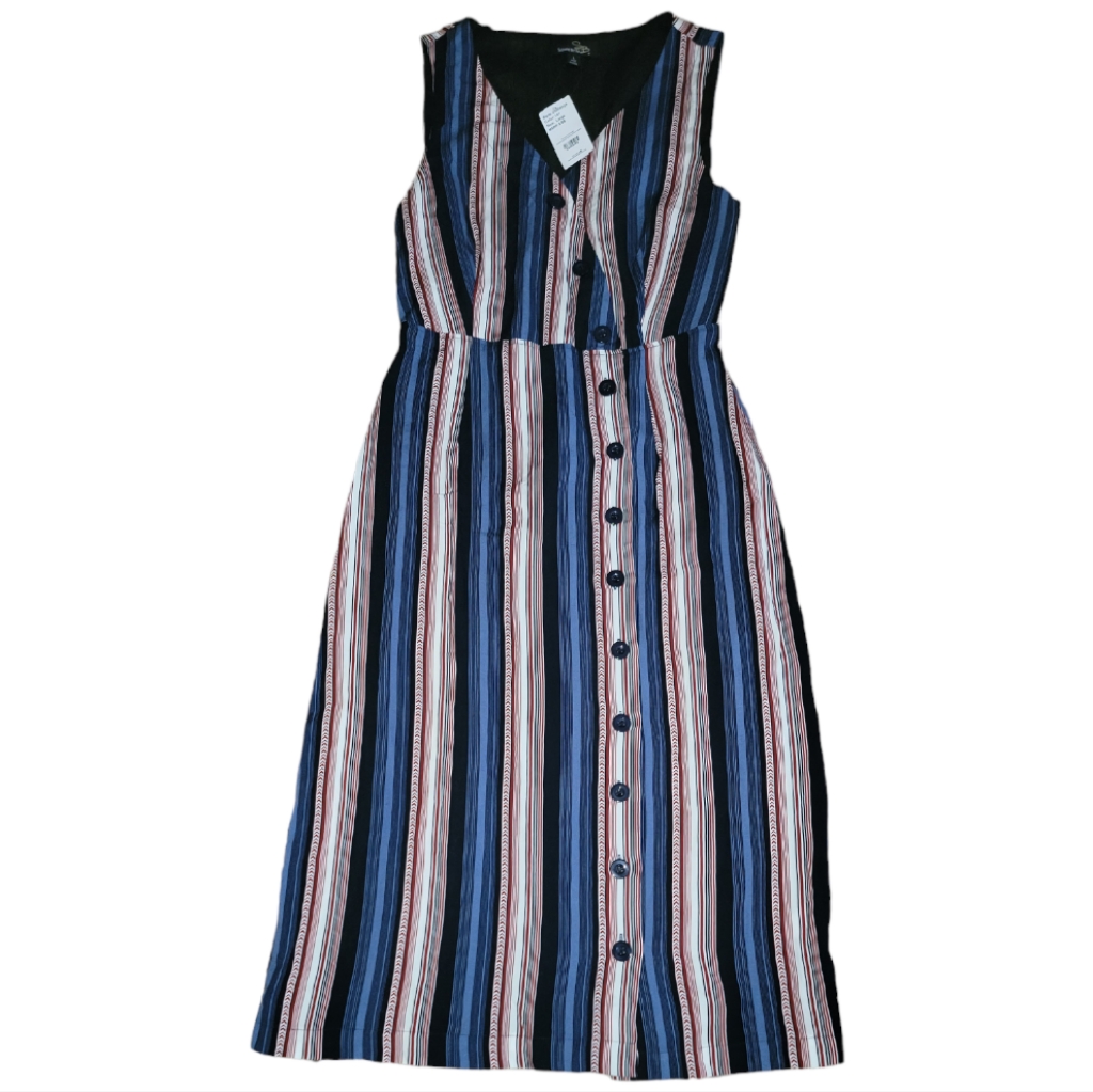 Nwt Suzanne Betro Red, White & Blue Striped Sleeveless Dress With Front Buttons
